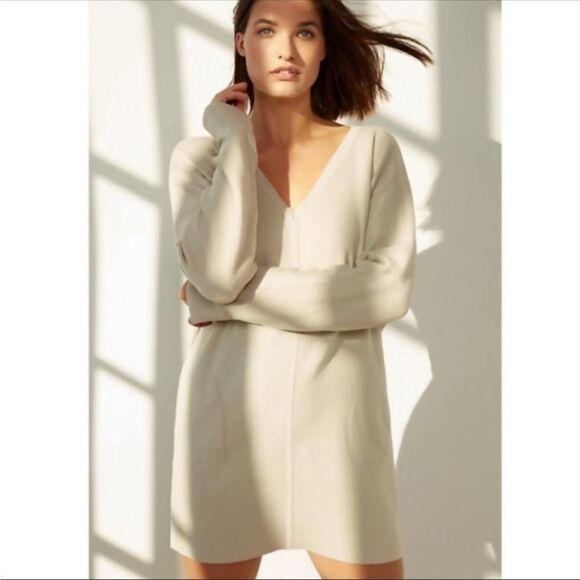 Anthropologie Saturday Sunday Chrissy V Neck Long Sleeve Sweater Dress In Tan M - Picture 1 of 8